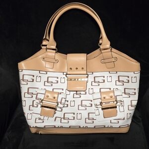 Guess Tan and White Logo Tote
